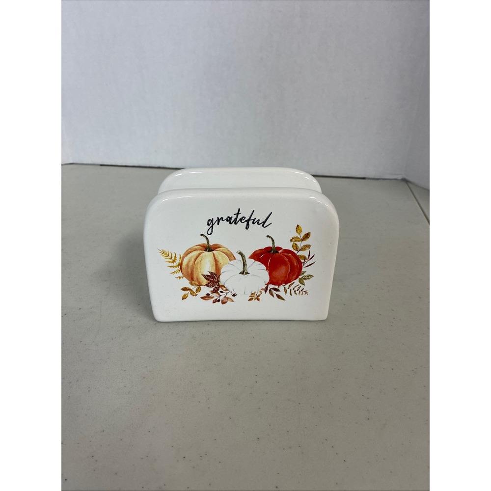 Perfect Harvest Grateful Pumpkin Ceramic Napkin‎ Holder White Fall Autumn Decor